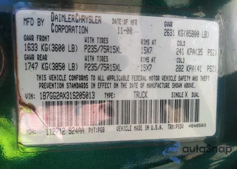 2001 Dodge Dakota Slt/Sport from USA, damaged, VIN 1B7GG2AX31S205013